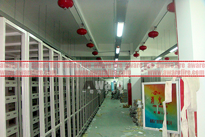 Telecommunication room ceiling mount dry chemical fire safety equipment